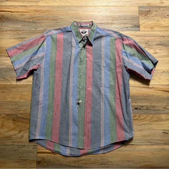 VTG 90’s Men’s Size Large - Dockers - Blue/Pink/Green Striped Button Down Shirt - Picture 2 of 11